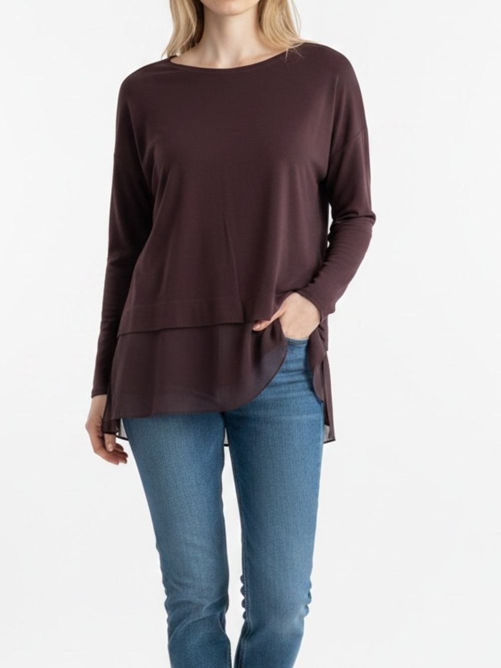 Eileen Fisher 100% Silk Layered Chiffon Hem Tunic Top Dark Brown Medium
